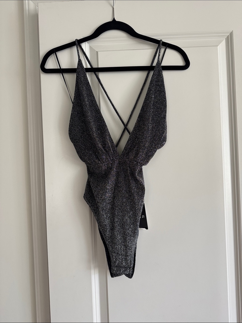 Forever 21 Shimmery Black Silver Deep V Strappy Bodysuit